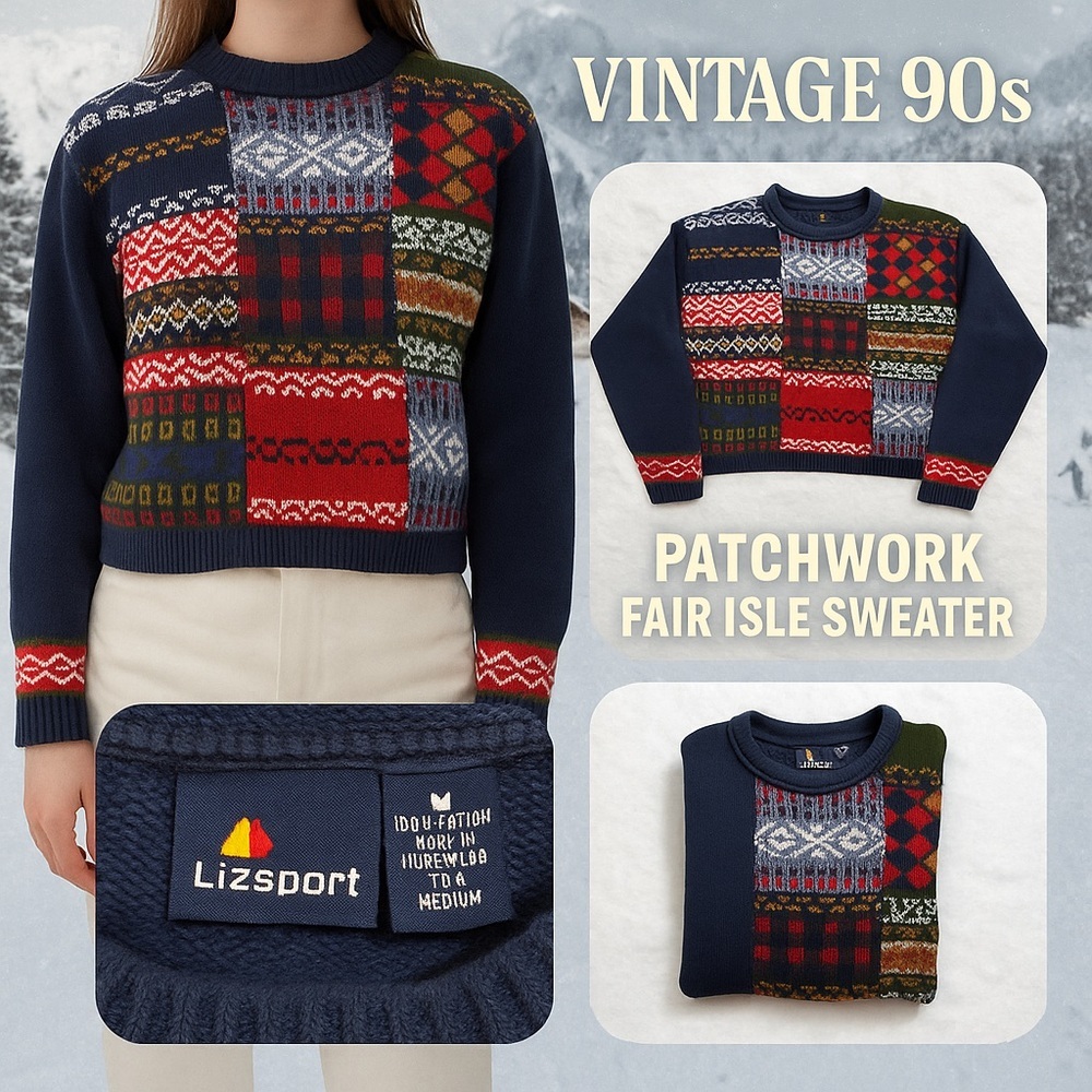 LIZ SPORT Vintage 90’s Medium Multicolor Patchwork Sweater Fair Isle 100% Cotton